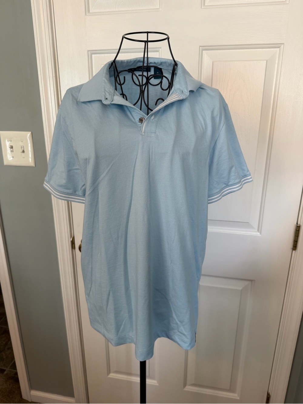 Perry Ellis Light Blue Short-Sleeve Polo with Stripe Trim